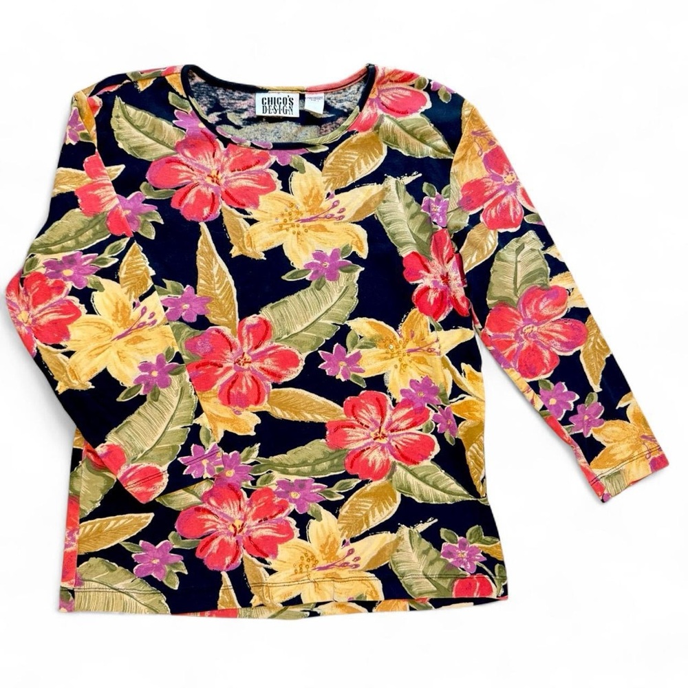 Chico's Design 100% cotton Black tropical floral print Beaded top